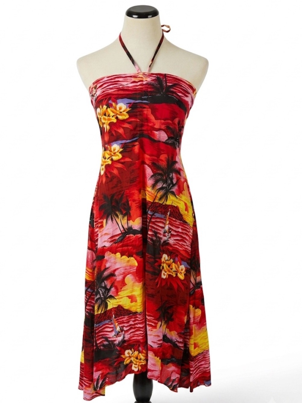 Sunny Island Hawaii Dress Womens M Red Yellow Sunset Palm Rayon Halter High Low